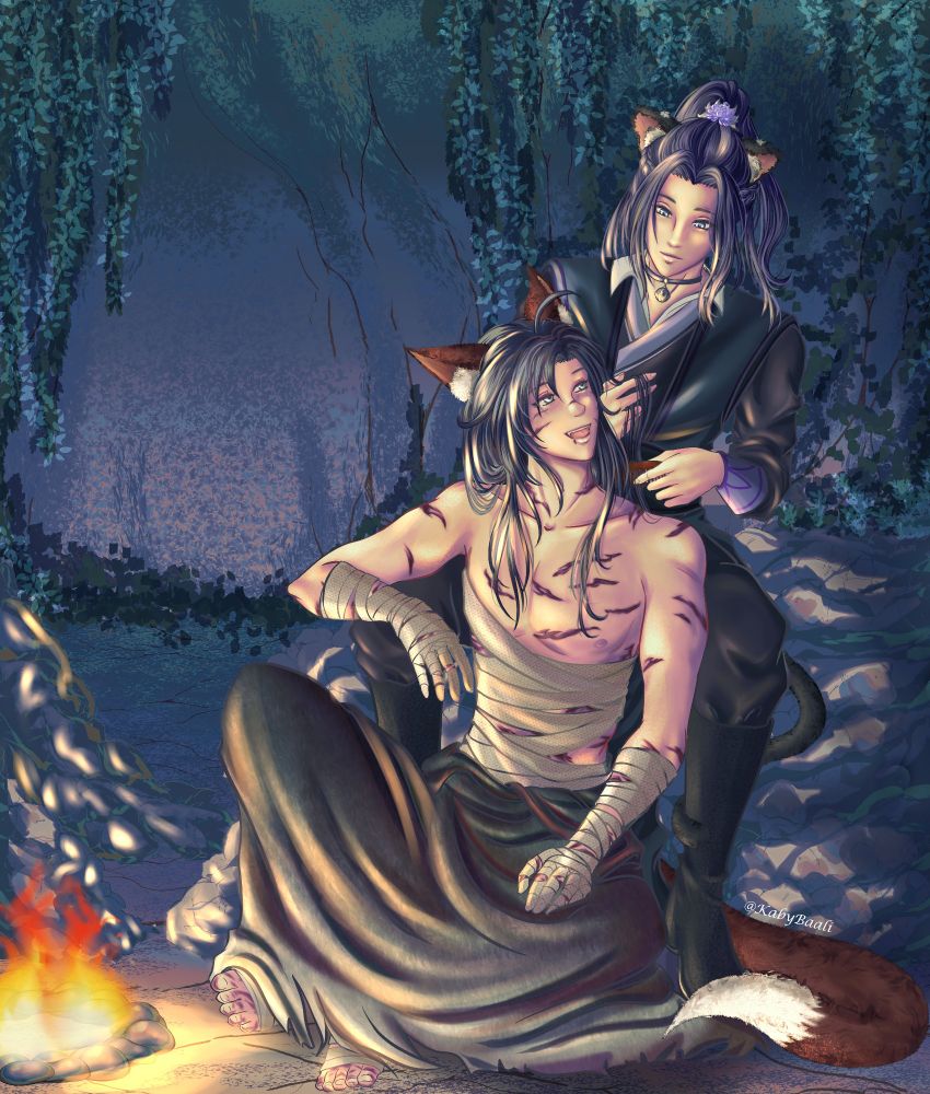 Jiang Cheng combing Wei Wuxian's hair in a cave light by a campfire 