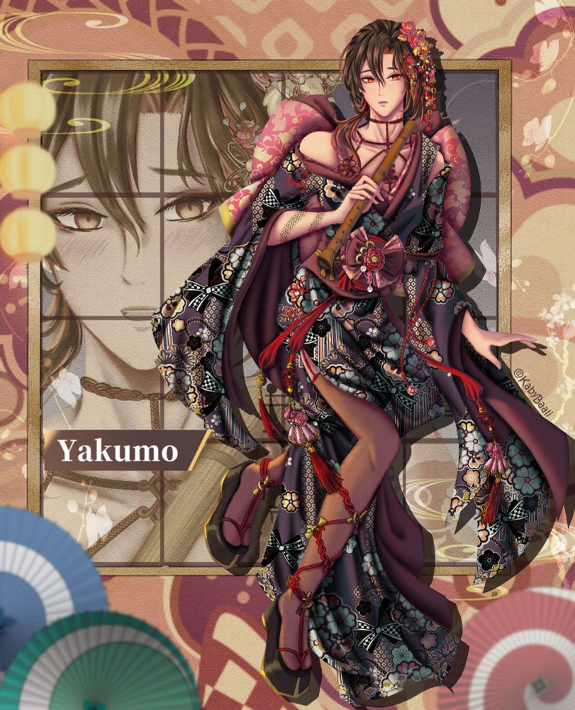 Yakumo wearing a kimono and holding a shakuhachi, resembling the floresan style of the Wilting Flowers Burning Dreams event 