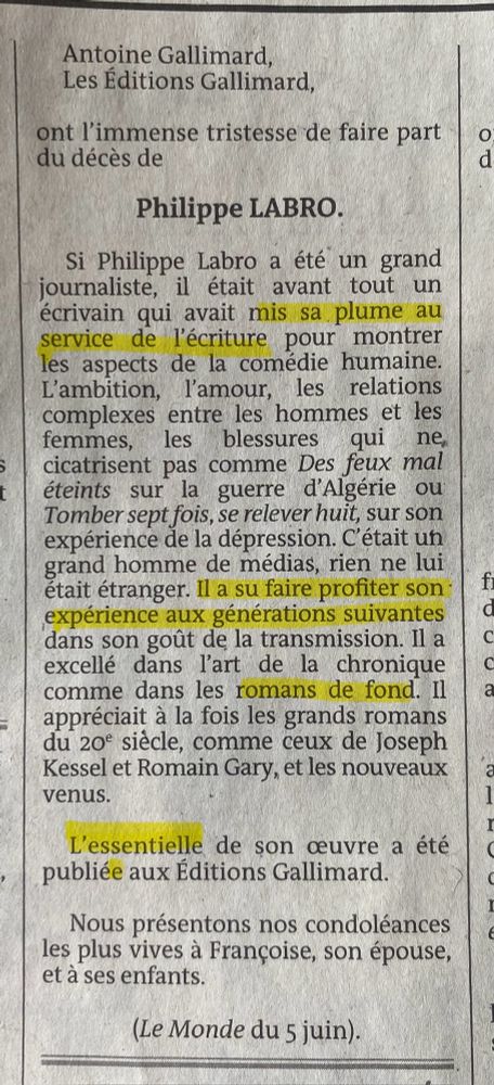 Faire-part de décès de Philippe Labro publié par les éditions Gallimard dans Le Monde. Tissu d'âneries et de solécismes.