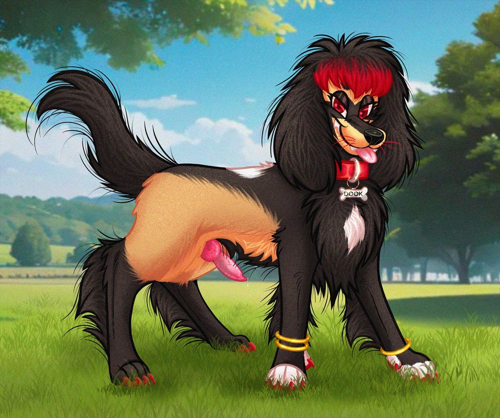 A drawing of a male spaniel/ferret hybrid dog standing in a green open field outdoors. He's looking at the viewer with a toothy smile, and his tongue sticking out. His penis and knot is jutting out in between his legs, and a drop of pre-come is dripping out of the tip.