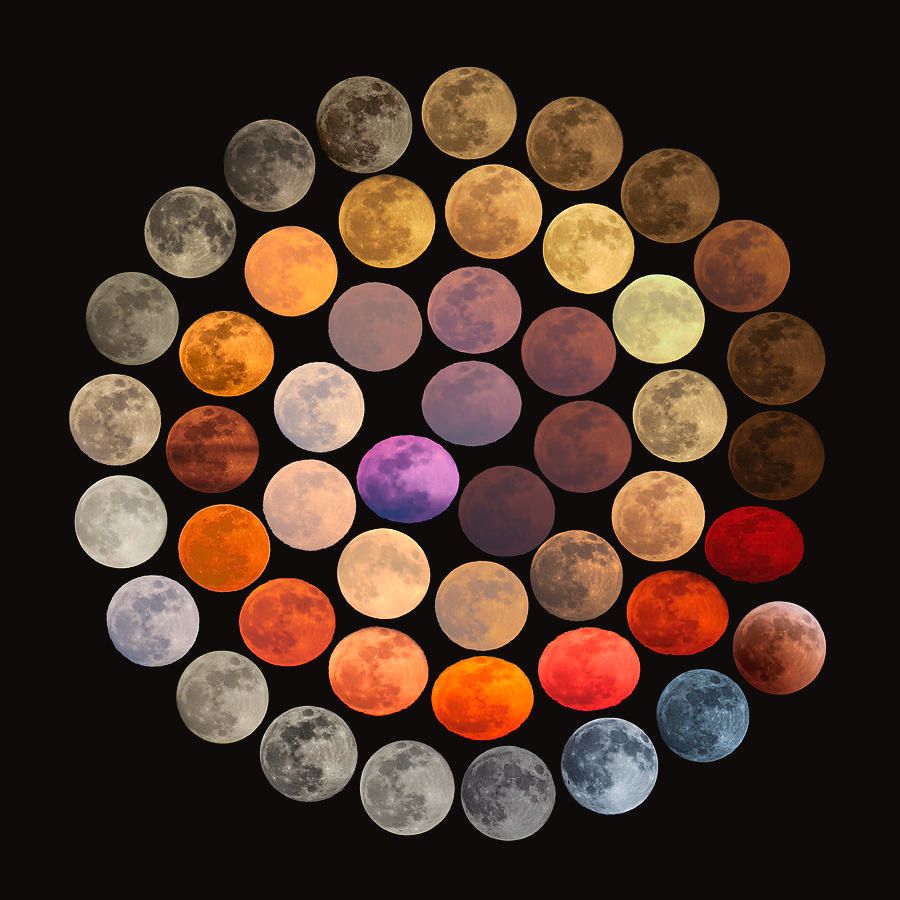 a circular collage of full moons, each displaying a different color variation, ranging from shades of gray, yellow, orange, red, and even purple and blue. The moons are arranged symmetrically against a black background, showcasing the diverse hues that the moon can appear due to atmospheric conditions and lighting.