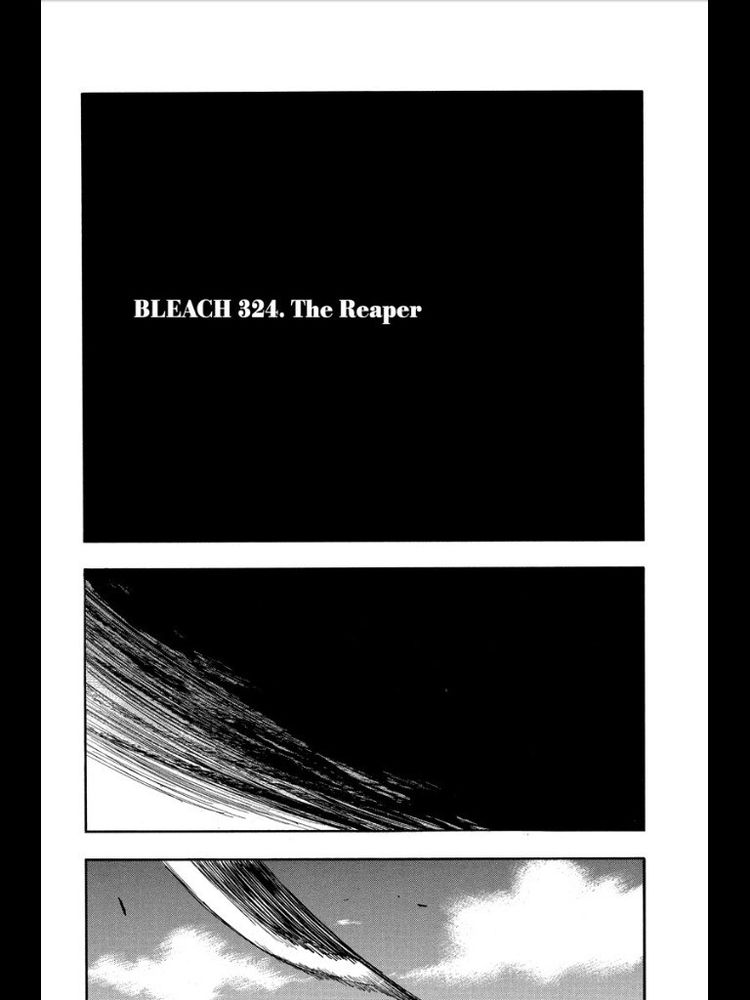 Three vertical panels, each thinner than before.
First: Black. White text, middle, offset left, reads BLEACH 324. The Reaper
Then: White in lower left corner. Blurs with the black like hair, or feathers.
Finally: a background of clouds. and the white-black shape is a wing. or a blade.
