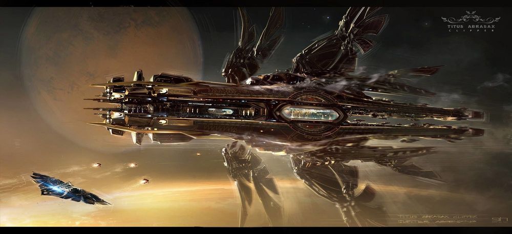 Titus Abrasax's clipper from Jupiter ascending. The detail on the hull is incredible in the film and the interiors for the wedding are wild. just the gaudiest thing imaginable.