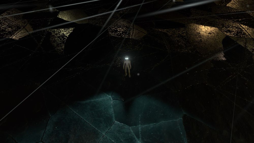 A screenshot of the game UNDERSCORE. A figure with glowing eyes stands on cracked ice.