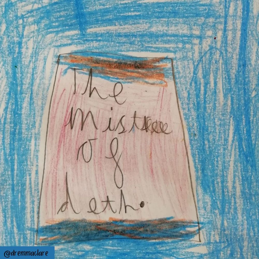 A drawing done by a child of a book entitled 'The Mistree (spelt miss-tree) of deth (spelt d-e-t-h' 