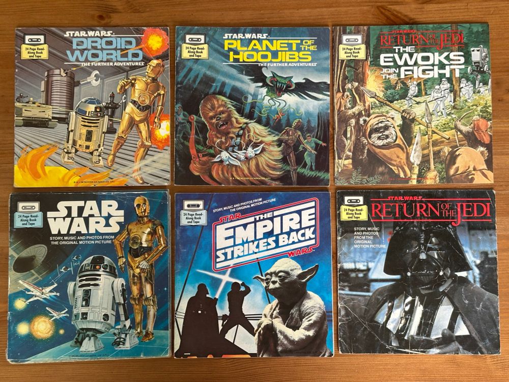 Star Wars read-along picture books: Droid World, Planet of the Hoojibs, The Ewoks Join the Fight, Star Wars, The Empire Strikes Back, Return of the Jedi.