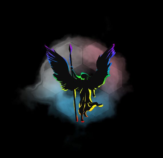 artistic image of an angel's silhouette, wings spread, holding a spear with a rainbow outline. in front of a smokey distorted ring of hexagons in white, pink and light blue colors all on a black background.