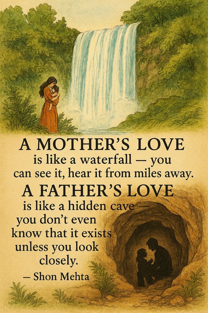 “A mother's love is like a waterfall — you can see it, hear it from miles away. A father's love is like a hidden cave — you don't even know that it exists unless you look closely.”

― Shon Mehta, Lair Of The Monster

