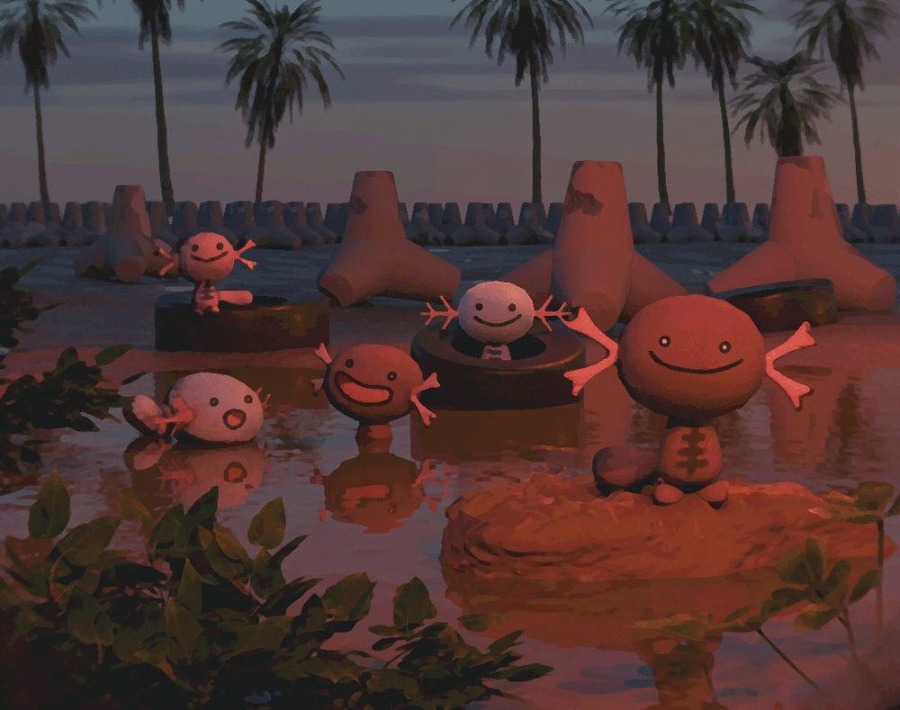 four woopers hanging out in a pond near abandoned construction for a sea wall. behind them are breakwater tetrapods scattered about