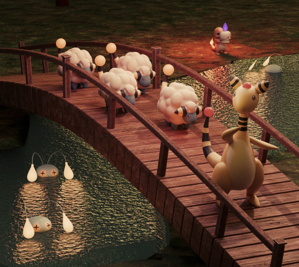 ampharos leads a flock of mareep to cross a bridge. in the river there are chinchou. on the river bank, charmander is carrying a litwick, who is talking to a chinchou on the river. not pictured is a scientist who is debating on their phone on whether or not fire type pokemon count as bioluminescent