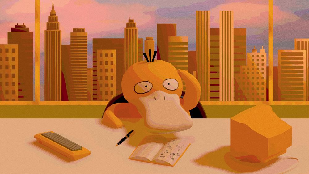 stylized 3d render of a psyduck in an office looking out of its depth. on its desk is a computer, a fountain pen, and a notebook filled with doodles and scribbles. behind it is a view of the city