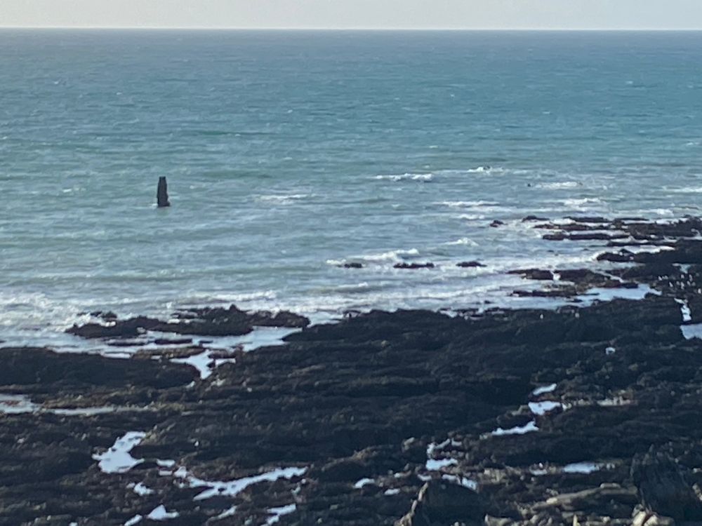 A view of a long finger of rock standing in the sea.
