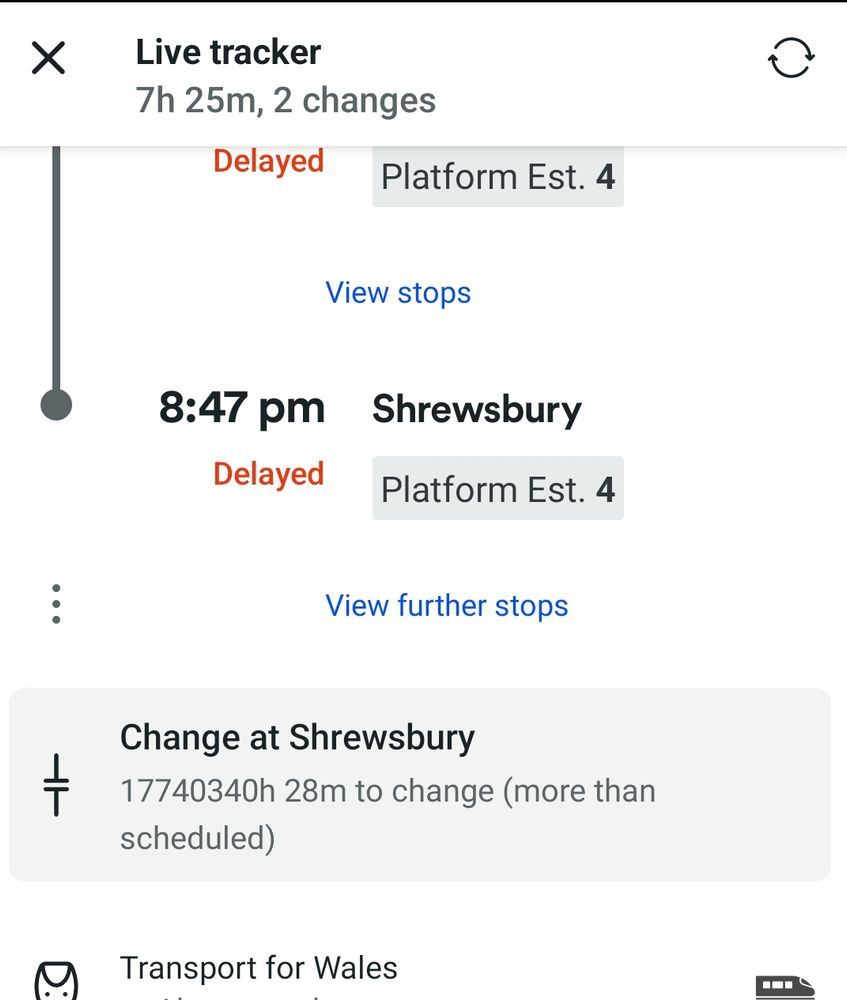 A screen shot of train timing that says "17740340h 28m to change"