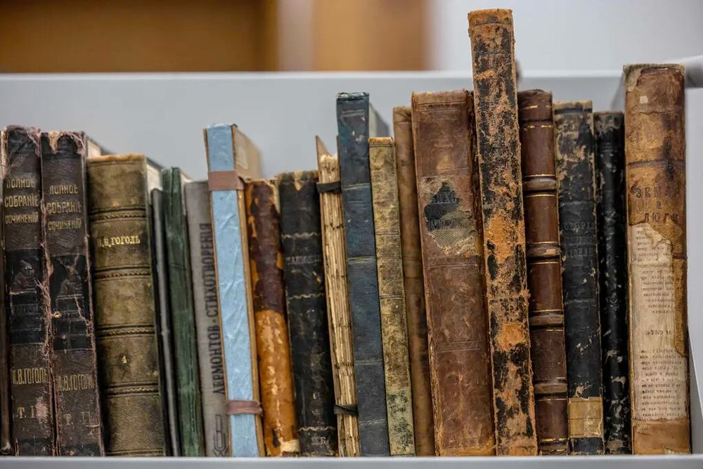 Close shot of a shelf of a dozen and a half books that appear very old, many with severely deteriorating spines. According to the caption on the photo in the linked New York Times stories, these are all high-quality facsimiles of the old books, which were left by thieves who stole the originals.