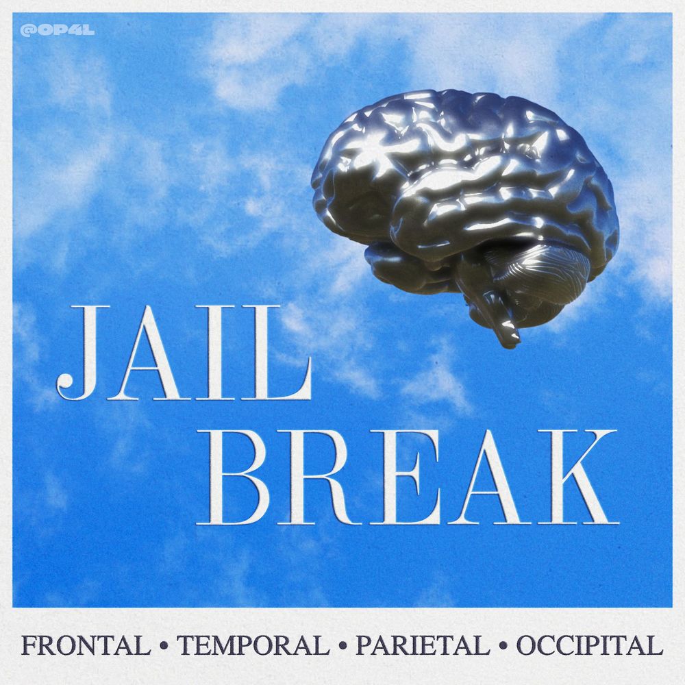 a piece of 3d art. a brain made out of shiny metal is in front a blue sky. text reads "jail break" in big letters. "frontal - temporal - parietal - occipital" in small letters. 