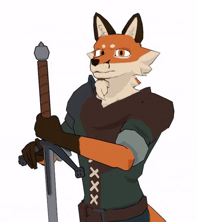 Low-poly anthropomorphic fox standing and holding a two handed sword