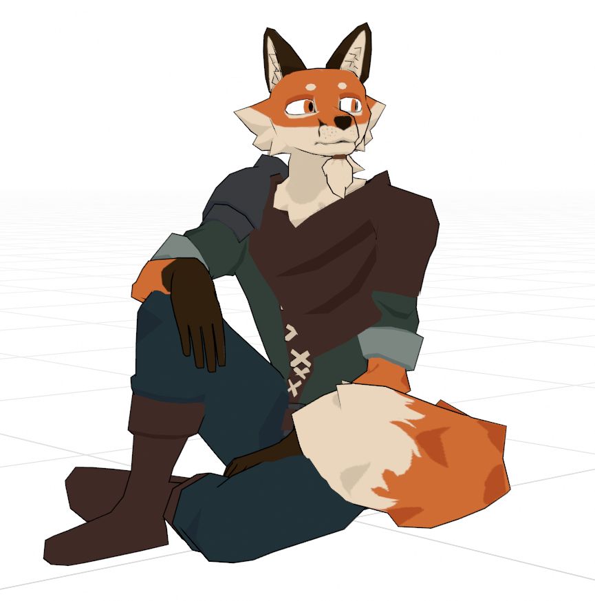 Low-poly anthropomorphic fox sitting in 3D space