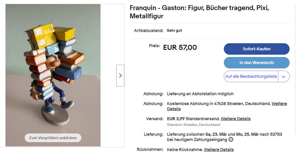 Gaston-Figur mit Bücherstapel in den Händen wird auf Ebay für 57 Euro angeboten