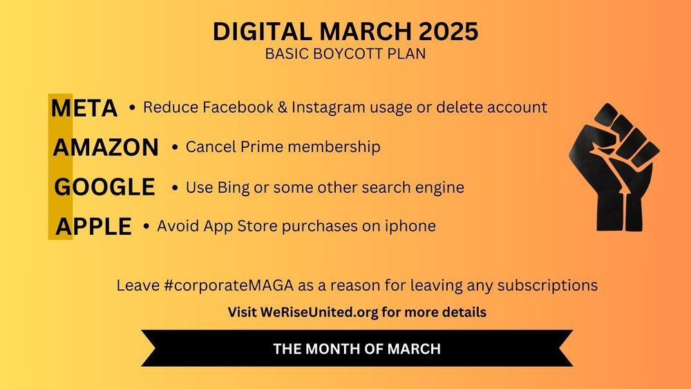 Protest image calling for action against Meta, Amazon, Google, and Apple for March
