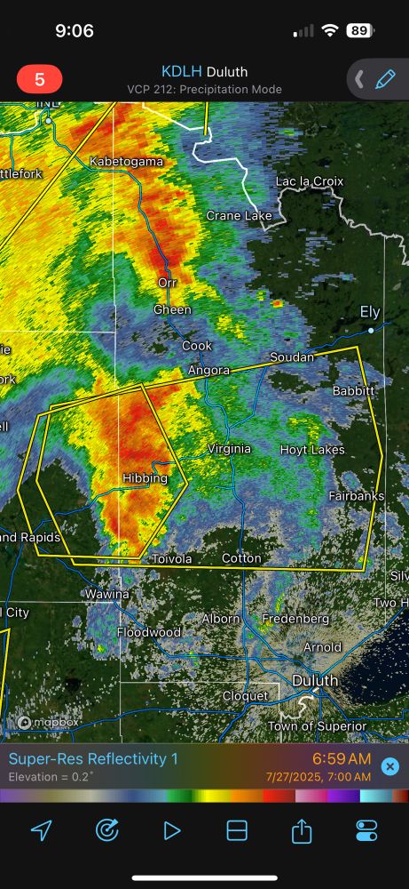 Radar image showing radar reflectivity and NWS warnings in effect at 6:59 AM this morning. Large yellow boxes indicate severe thunderstorm warnings in effect at the time. 