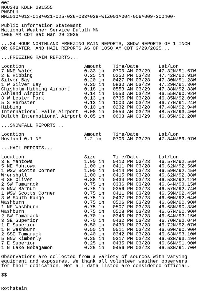 List of freezing rain, snow, and hail reports in northeast Minnesota and northwest Wisconsin on March 28 and 29, 2025
