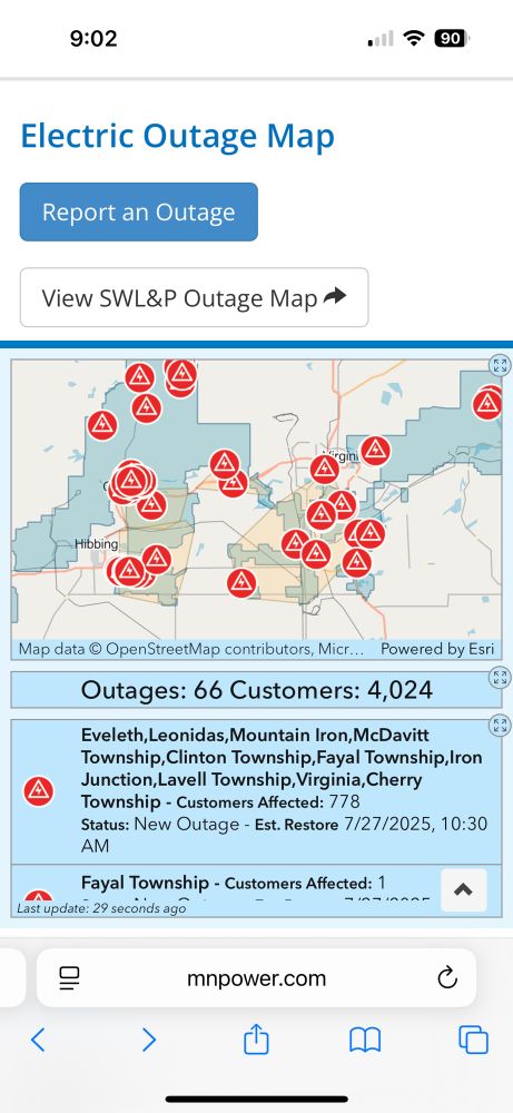 Minnesota Power outage map with over four thousand customers without power, most in the Iron Range