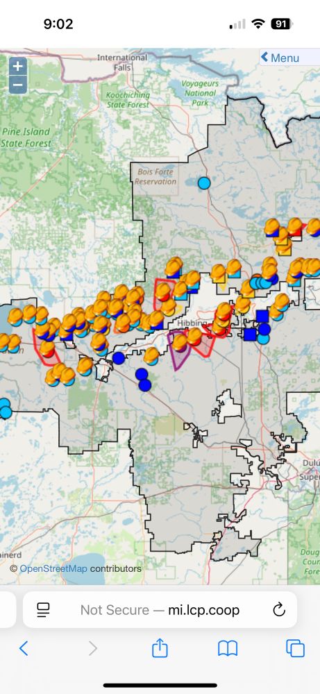 Lake Country Power Outage map showing dozens of outage icons along the Iron Range
