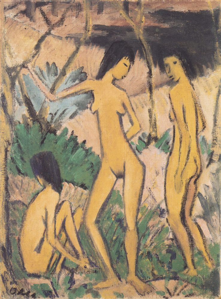 A painting (tempera on canvas) by Otto Mueller (16 October 1874 – 24 September 1930) in 1919. He was a German painter and printmaker. The title of the work is Drei Akte in Landschaft (Three Nudes in a Landscape).

A public domain image from the Brücke Museum, Berlin, Germany.
