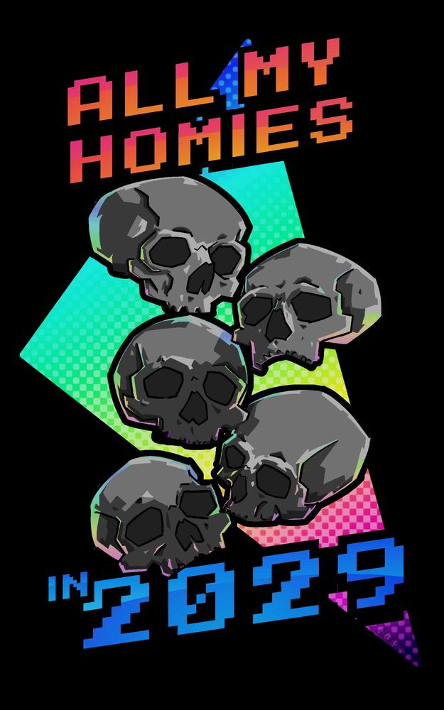 Five skulls with transparent background, with "All my homies in 2029" text.