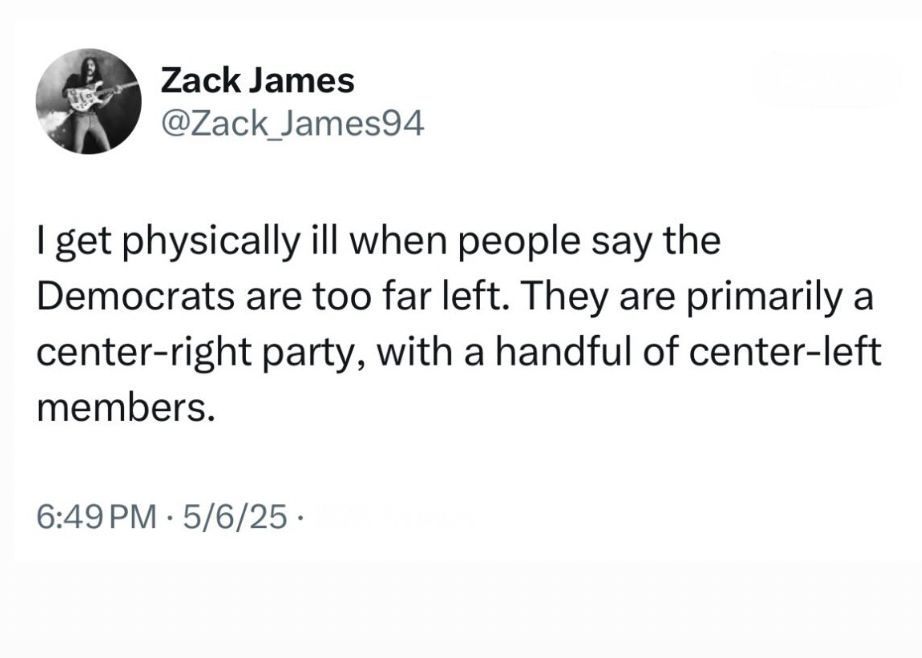 I get physically ill when people say the Democrats are too far left. They are primarily a center-right party, with a handful of center-left members.