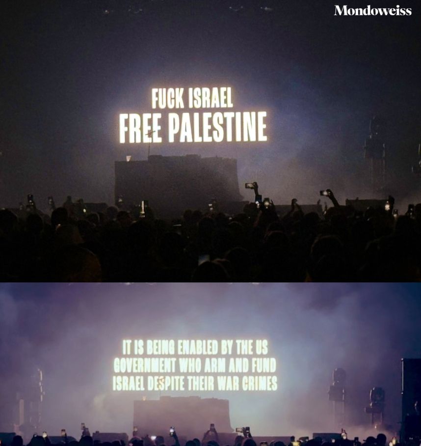 Via band Kneecap at Coachella: 
Fuck Israel
Free Palestine

It is being enabled by the US government who arm and fund Israel despite their war crimes