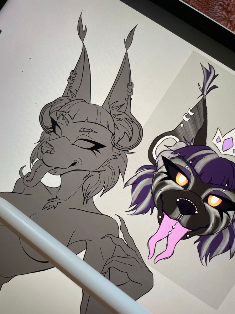 A wip of a digital painting showing a gray uncolored anthro fox next to a reference headshot of the same fox