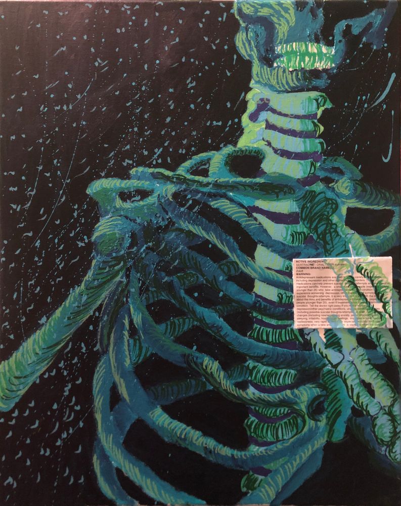 A blue skeleton with green highlights holding a piece of paper to its chest. 

The paper is the general information from a zoloft prescription, highlighting the section the side effect of worsening depression symptoms