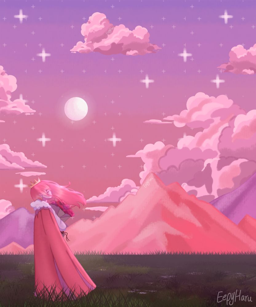 Fanart: Technoblade holding flowers under a pink sky