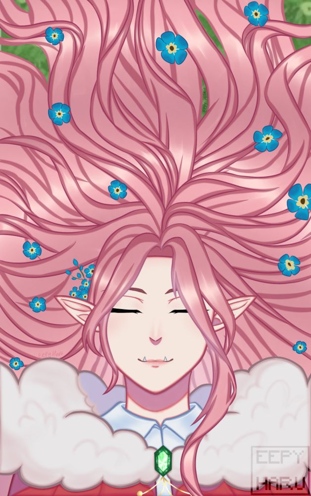 Fanart of Technoblade laying on the ground with Forget-me-not flowers