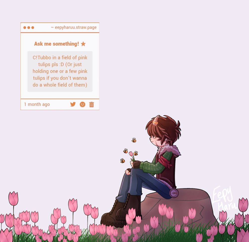 Fanart of c tubbo sitting on a rock in a field of pink tulips while holding a flower