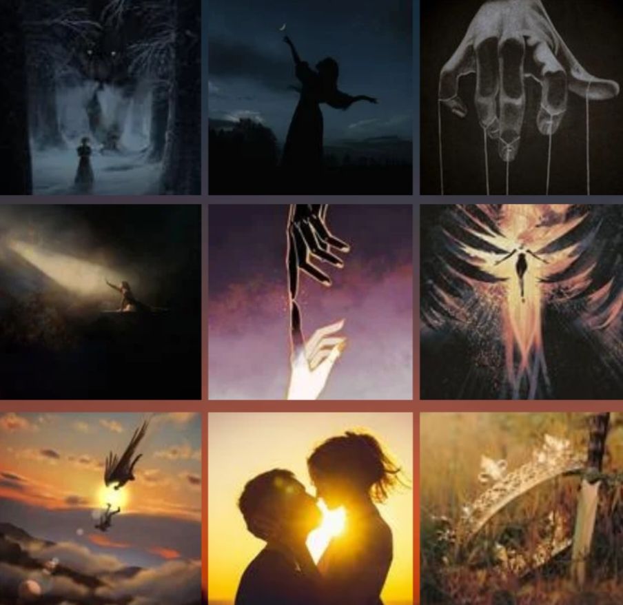 3 by 3 grid of pictures: a woman in a forest with a giant wolf; a silhouette of a woman; an image of a hand with puppet strings; a woman reaching out to light; two hands touching; a woman surrounded by a phoenix; art of a winged person saving someone falling; silhouette of couple kissing in the sun; a crown and dagger