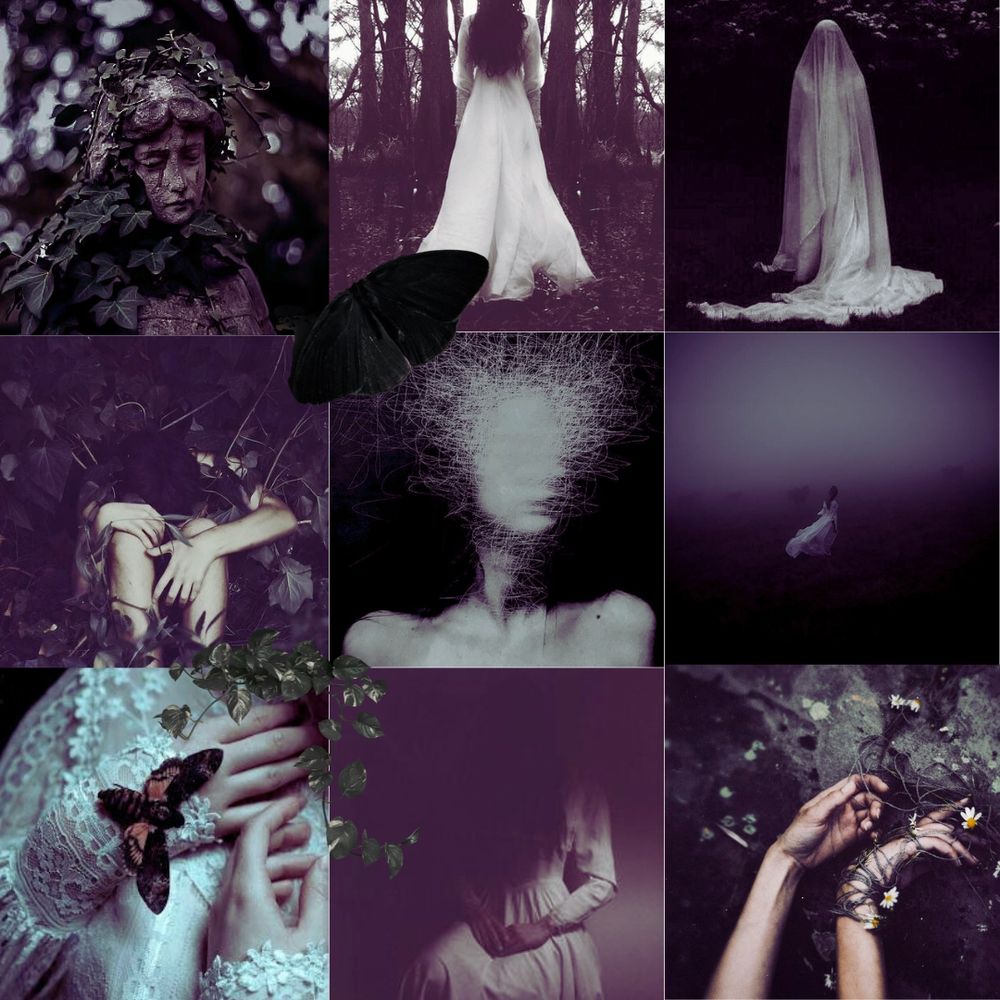 3x3 grid of pictures: a statue covered in ivy, a woman in a forest, a ghostly figure in a forest, a person covered in ivy, a picture of a woman's face scratched out, a woman in a foggy, a woman with a moth, a woman with half her face hidden, hands wrapped in ivy