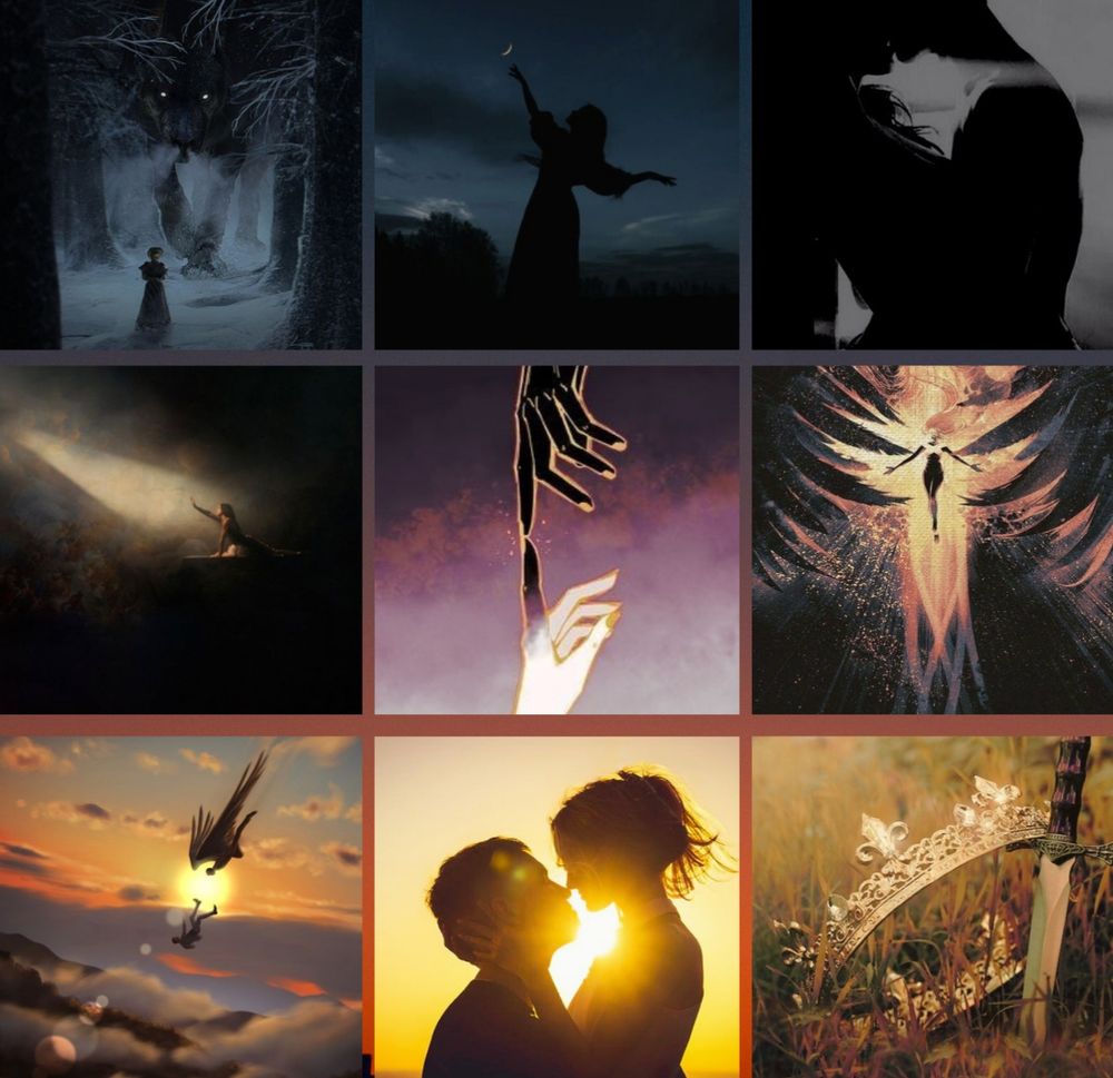 3 by 3 grid of pictures: a woman in a forest with a giant wolf; a silhouette of a woman; silhouette of a couple kissing; a woman reaching out to light; two hands touching; a woman surrounded by a phoenix; art of a winged person saving someone falling; silhouette of couple kissing in the sun; a crown and dagger