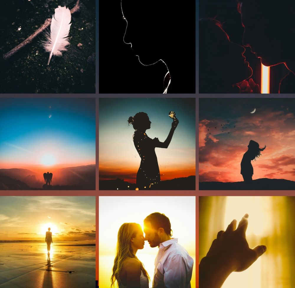 Three by three grid of pictures: a white feather, a silhouette of a woman; a silhouette of a couple, a silhouette of a person with wings before a sunset; a silhouette of a woman wrapped in lights; a silhouette of a woman at sunset; a silhouette of a woman at sunrise; a couple kissing in the sun; a hand reaching out towards a window with sunlight.