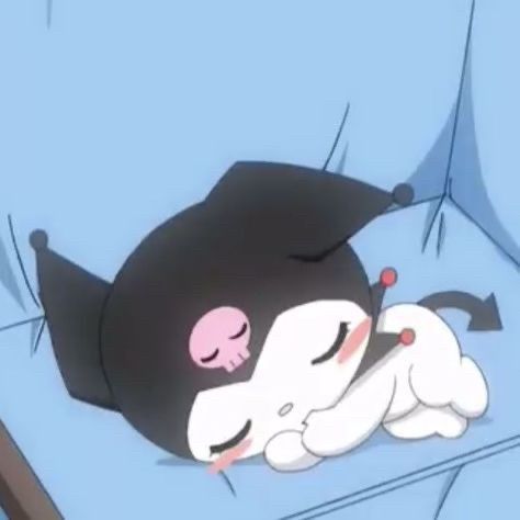 a picture of kuromi sleeping and sucking her thumb. she is on a blue couch