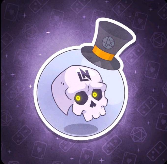 A stylised skull in a fishbowl helmet. A top hat with a pentacle rests atop the helmet.