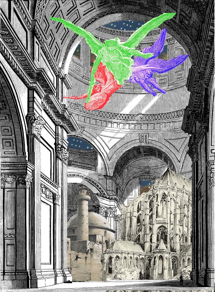 A photobash of various reigious buildings inside a large domed building. Three angels, one red, one green, one blue, are coming down from the open ceiling