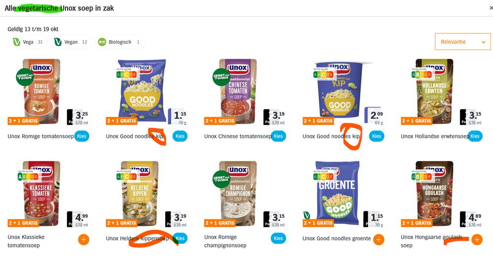 Screenshot van Albert Heijn webpagina met bonusaanbieding voor vegetarische soepen, waar ook heel veel soepen met vlees tussen staan.