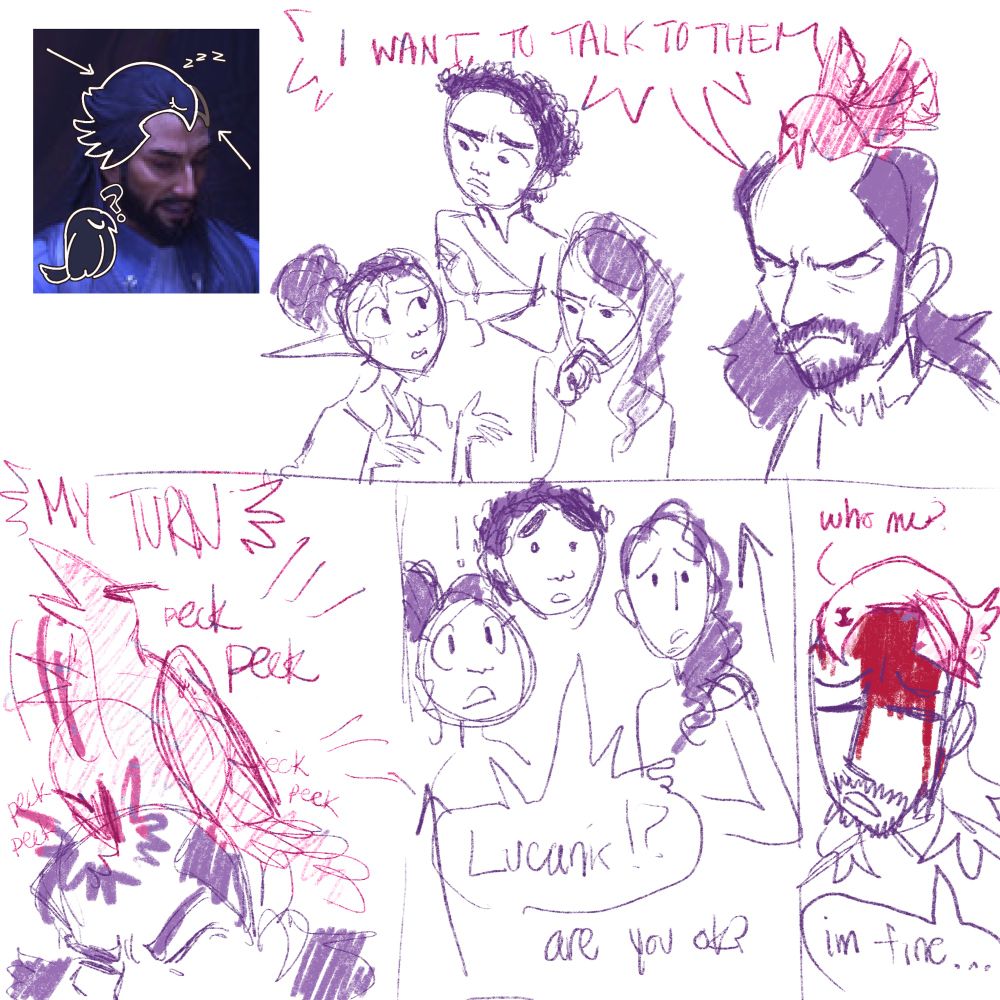 Edit of Lucanis from dragon age the veilguard showing a bird shape in his hair in the top left corner, the top half of the image is Rook, bellara and neve discussing Lucanis’ demon problem. Spite as a bird perched on Lucanis’ head (lifting up as his hair to show it being bald) yells “I want to talk to them!” And starts pecking on Lucanis’ head, continuing, “My turn!” Bellara and neve stand up from their seats and them and rook exclaim, “Lucanis? Are you okay?” And cut to Lucanis with blood dripping my down his face from where Spite pecked him, looking defeated and going “I’m fine…” while spite returns to looking like hair, while flashing innocent eyes like “who did that? Wasn’t me 🥺”