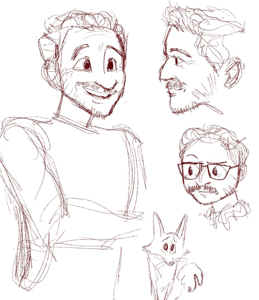 three doodles of pedro pascal, including one of his profile. there's a 4th additional sketch of fink from the wild robot