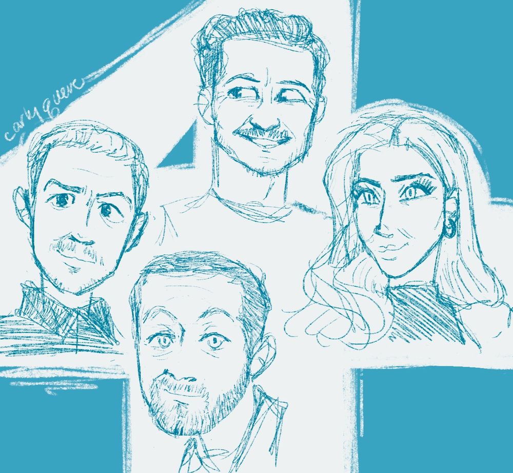 portraits of the fantastic four cast in the shape of a four, clockwise from the top goes pedro pascal, vanessa kirby, ebon moss-bachrach and joseph quinn