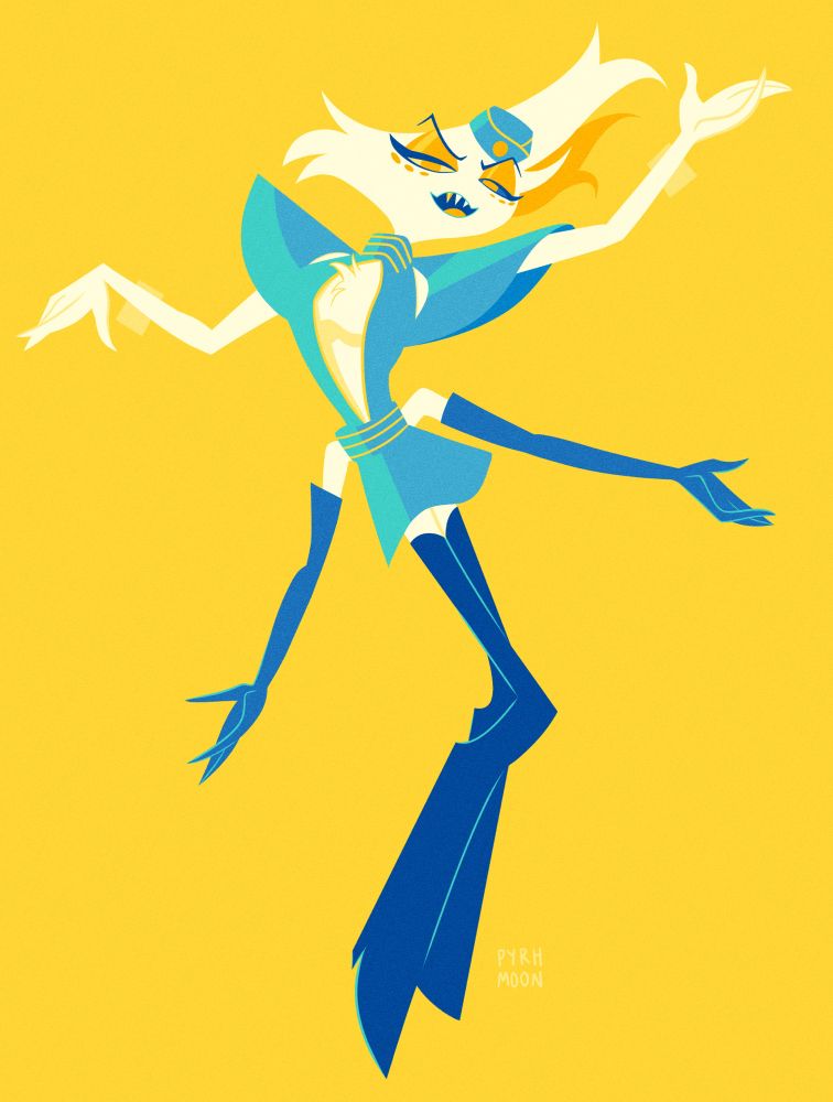 Angel Dust poses with his arms out, wearing the blue flight attendant outfit from Brittany Spear’s Toxic music video.