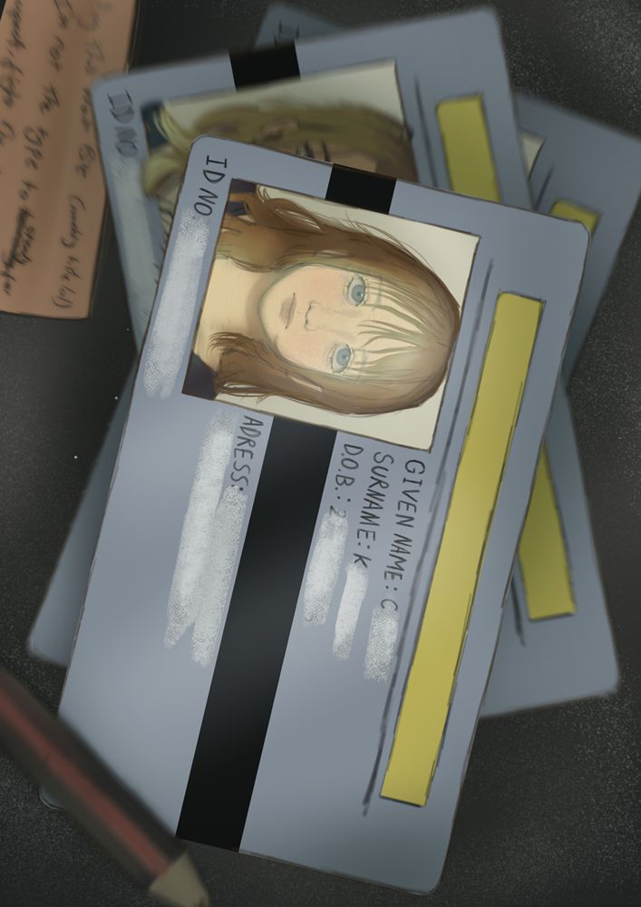 Semi-realistic digital illustration of a woman's ID card, with most personal information scratched off.