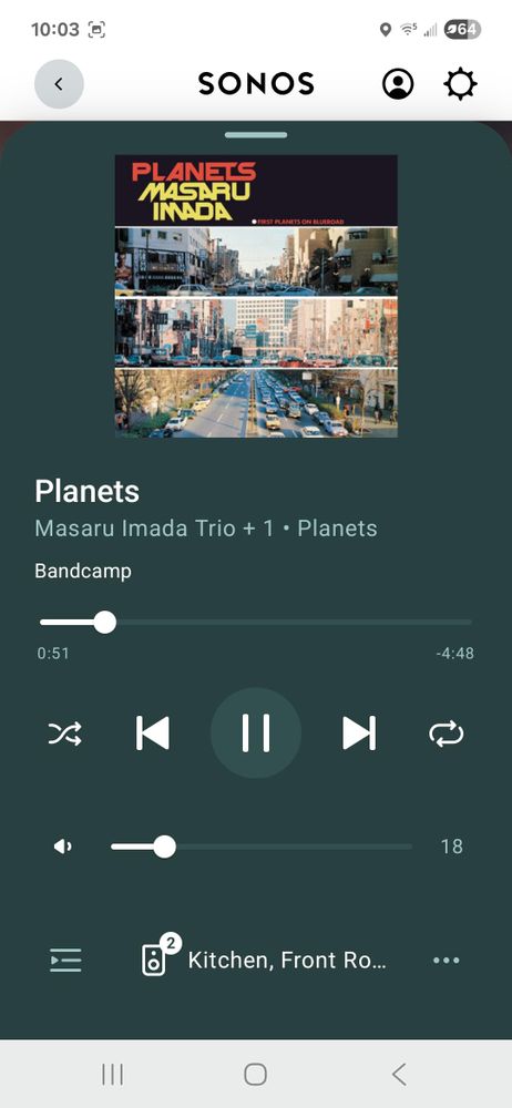 A screenshot of the Android Sonos app playing the album "Planets" by the Masaru Imada Trio +1.